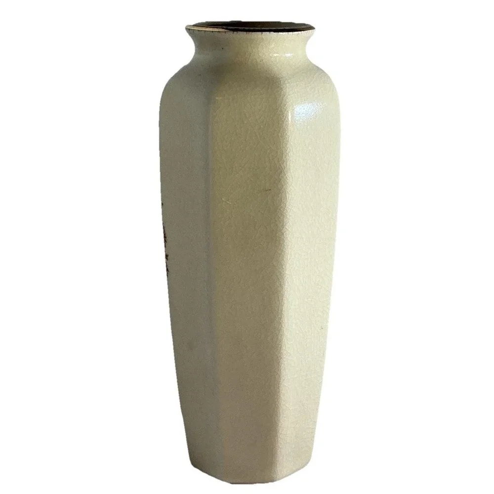 Vintage Japanese Satsuma Peacocks Cherry Blossoms Hexagonal Crackle‎ Glaze Vase